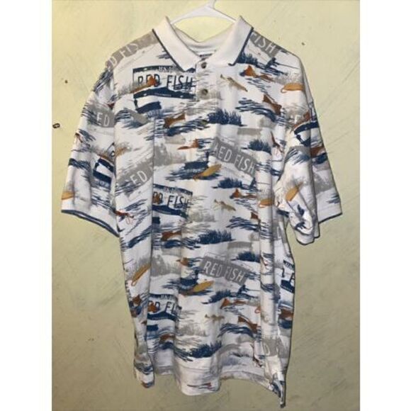 Columbia Men's L Fishing Polo Shirt Red Fish Shrimp 100% Cotton Short Sleeve - Picture 1 of 8